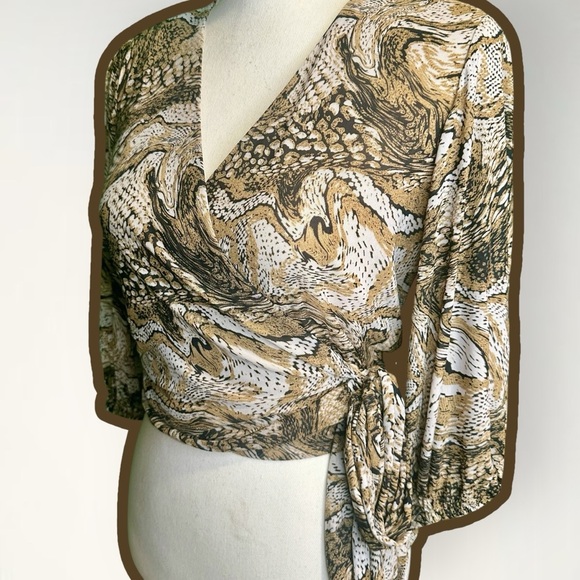 NWT RARE Ganni Puff Sleeve Mesh Wrap Top 3426 in “Tiger’s Eye” Print Size 4 - Picture 13 of 14